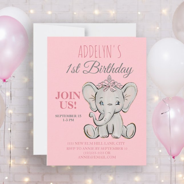 Invitation 1er anniversaire de la mignonne princesse Eléphant (Créateur téléchargé)