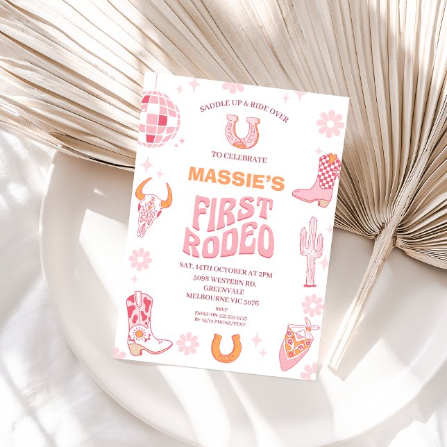 Invitation 1er anniversaire de la première rodéo rose rétro (Pink Cowgirl First Rodeo Birthday Invitation Retro First Rodeo 1st Birthday Invite, Wild West )