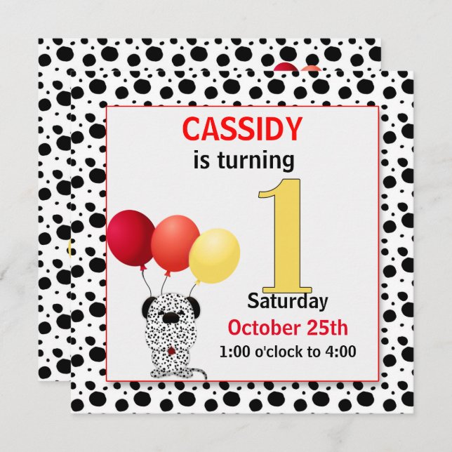 Invitation 1er anniversaire de l'enfant Dalmatien rouge et ja (Devant / Derrière)
