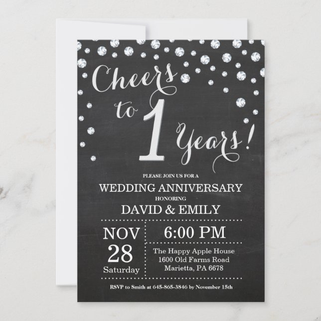 Invitation 1er Anniversaire de Mariage Ardoise Noir Argent (Devant)