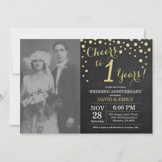 Invitation 1er Anniversaire de Mariage Ardoise Noir et Or (Devant)