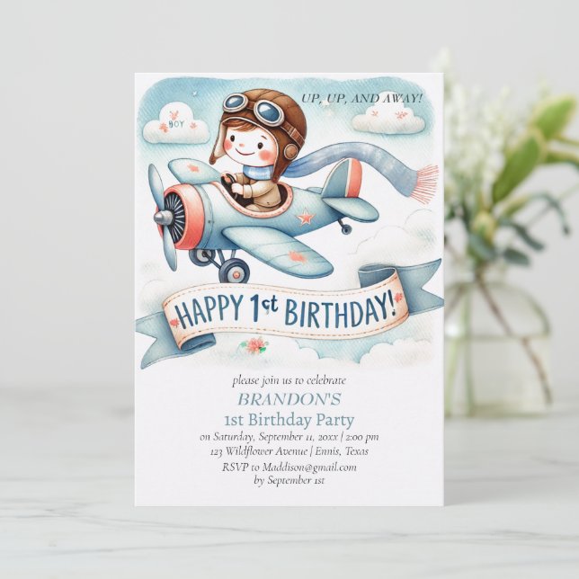 Invitation 1er anniversaire de naissance Boy Avion (Debout devant)