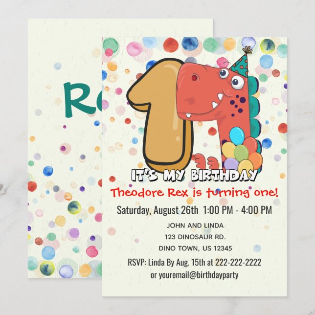Invitation 1er anniversaire Dinosaur Party Custom (Devant / Derrière)