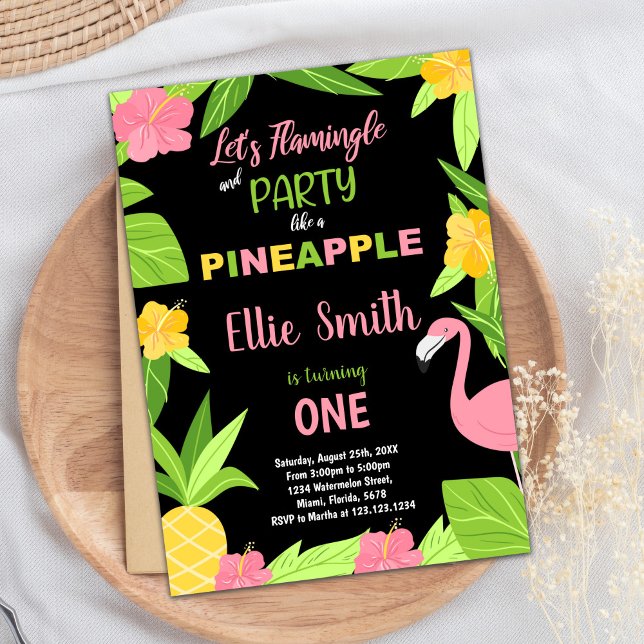 Invitation 1er Anniversaire du Flamant rose noir et de l'anan (1st Black Flamingo & Pineapple Birthday Invitation)