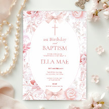 1er anniversaire et baptême pour fille rose toile
