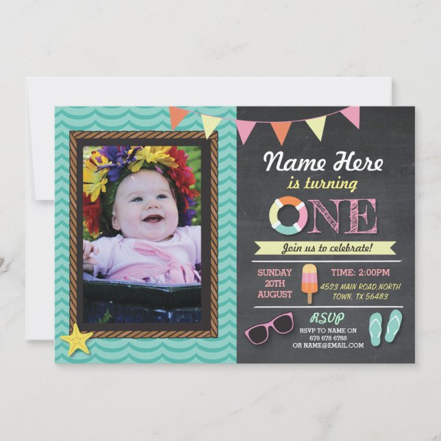 Invitation 1er anniversaire Eté Lolly Swim Photo Party Invita (Devant)