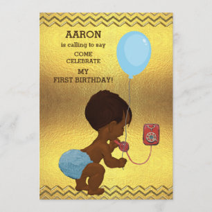 Invitation 1er Anniversaire Ethnic Garçon Téléphone Balloon O