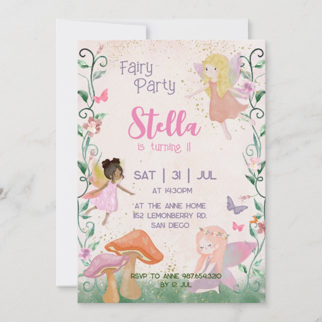 Invitation 1er Anniversaire Fée Magique Jardin Floral Pixie (Devant)