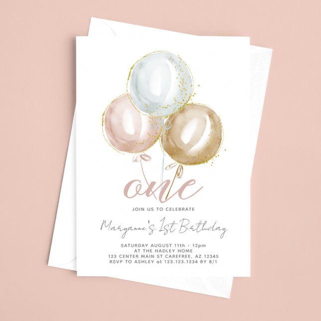 Invitation 1er anniversaire fille aquarelle Ballons Invitatio (Créateur téléchargé)