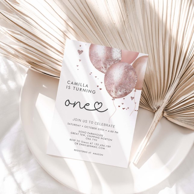 Invitation 1er Anniversaire Fille Balloon rose moderne (Créateur téléchargé)