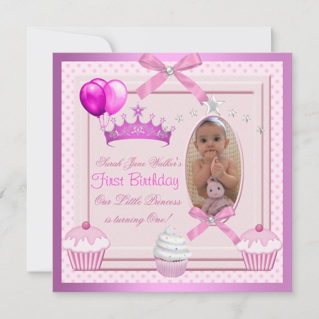 Invitation 1er Anniversaire Fille Cupcakes rose Bébé perle bl (Devant)