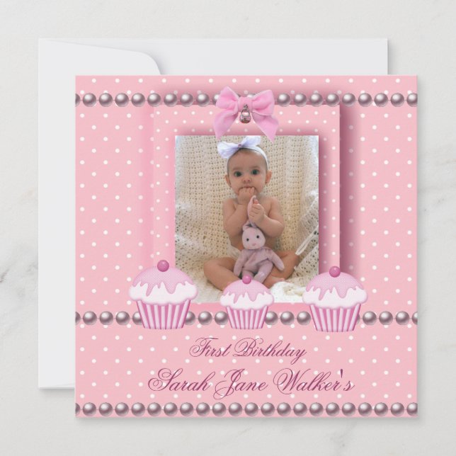 Invitation 1er Anniversaire Fille Cupcakes rose Bébé perle bl (Devant)