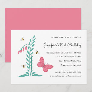 Invitation 1er Anniversaire Fille Fête Papillon Botanique Flo