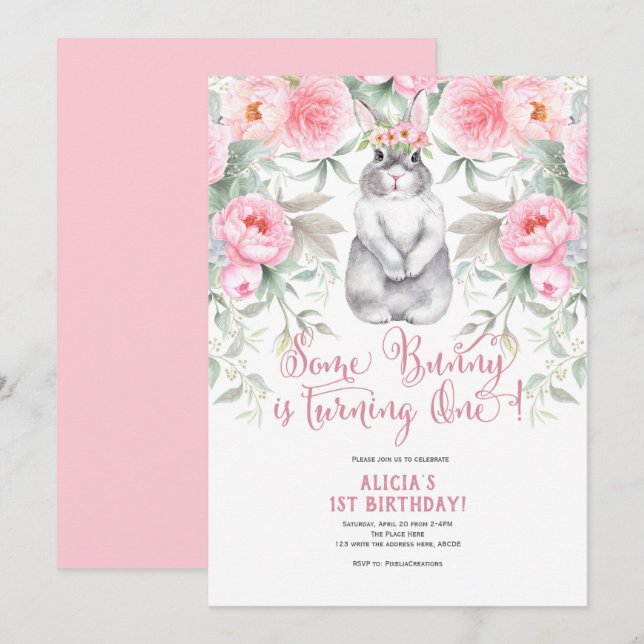 Invitation 1er anniversaire, Fleur aquarelle, Certains lapins (Devant / Derrière)