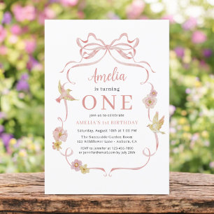 Invitation 1er anniversaire Fleur sauvage rose Coquette Bow f