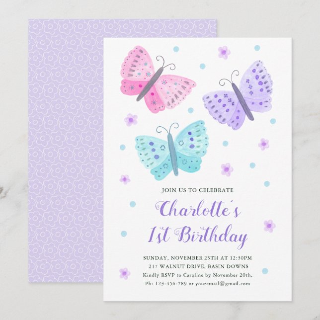 Invitation 1er anniversaire Fleurs papillon Aquarelle violet (Devant / Derrière)