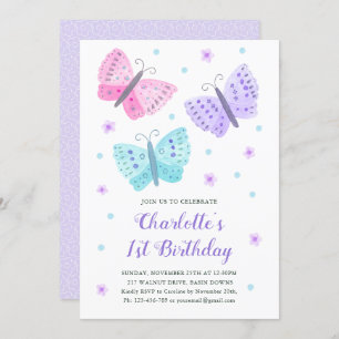 Invitation 1er anniversaire Fleurs papillon Aquarelle violet