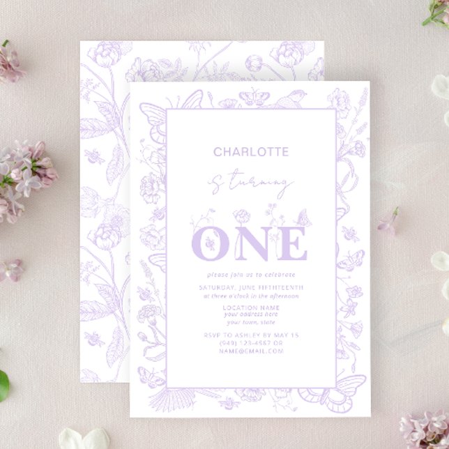 Invitation 1er Anniversaire Floral Lilac Flowers Turc Un (Easily personalize this 1st Birthday Invitation with your unique details for a sweet birthday party)
