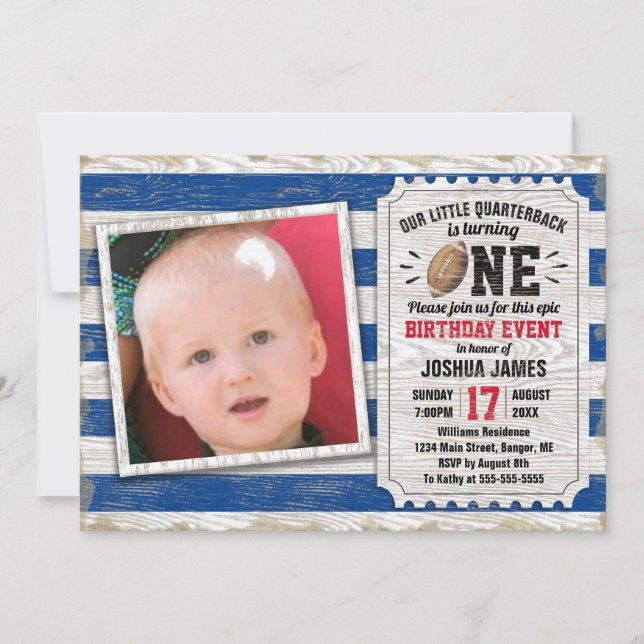 Invitation 1er anniversaire Football sportif Rustic Blue Phot (Devant)