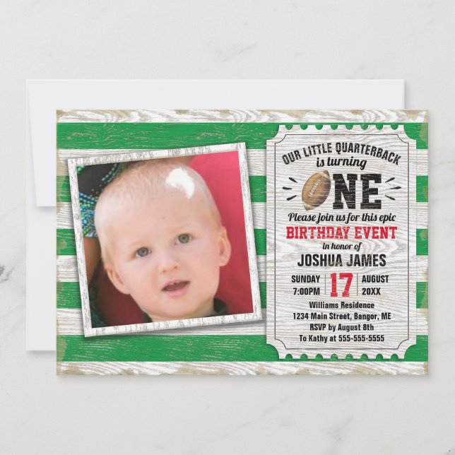 Invitation 1er anniversaire Football sportif Rustic Green Pho (Devant)