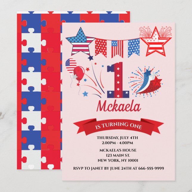 Invitation 1er Anniversaire Garçon Fille 4 Juillet Quatrième (Devant / Derrière)