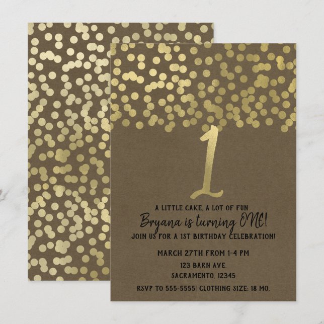 Invitation 1er anniversaire Gold Foil Moderne Chic Rustique K (Devant / Derrière)