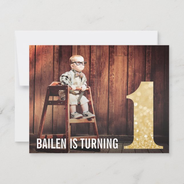 Invitation 1er anniversaire Gold Parties scintillant One Phot (Devant)
