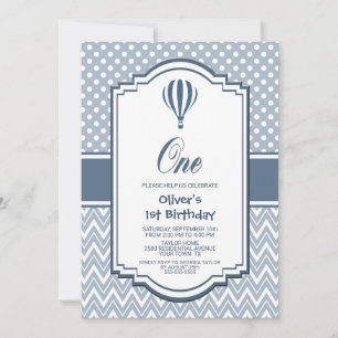 Invitation 1er anniversaire Gray Hot Air Balloon Party