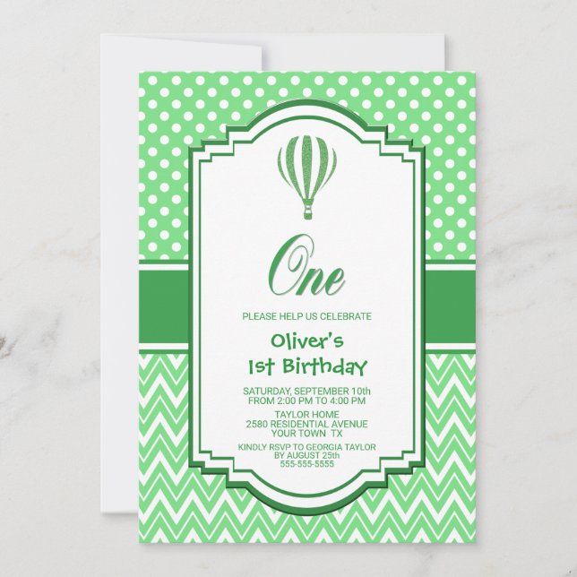 Invitation 1er anniversaire Green Hot Air Balloon Party (Devant)