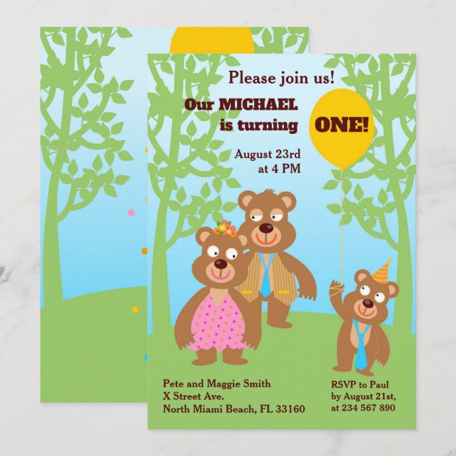 Invitation 1er anniversaire Honey Bear Family Party (Devant / Derrière)