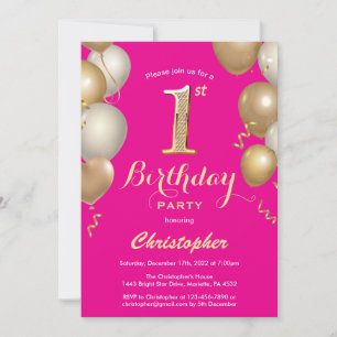 Invitation 1er Anniversaire Hot Pink et Gold Balloons Confett