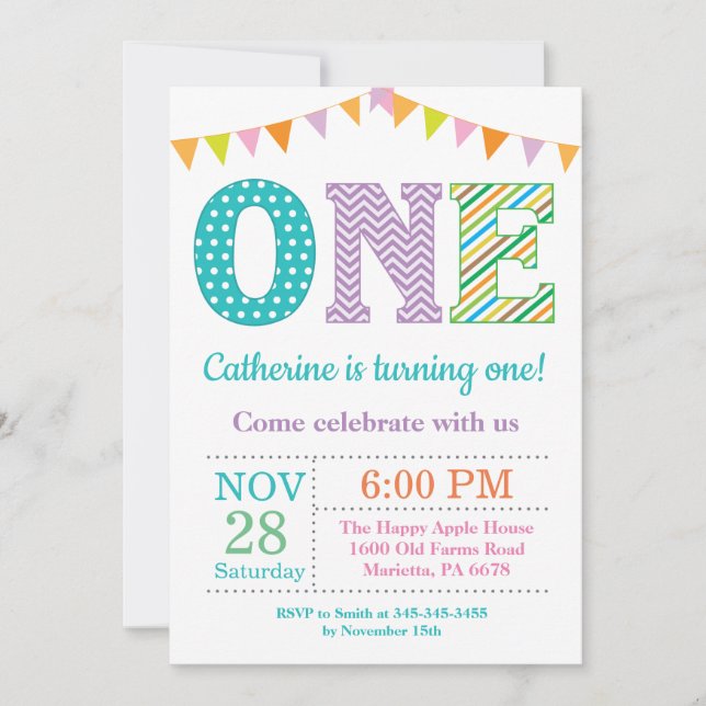 Invitation 1er Anniversaire Invitation. Fille premier anniver (Devant)