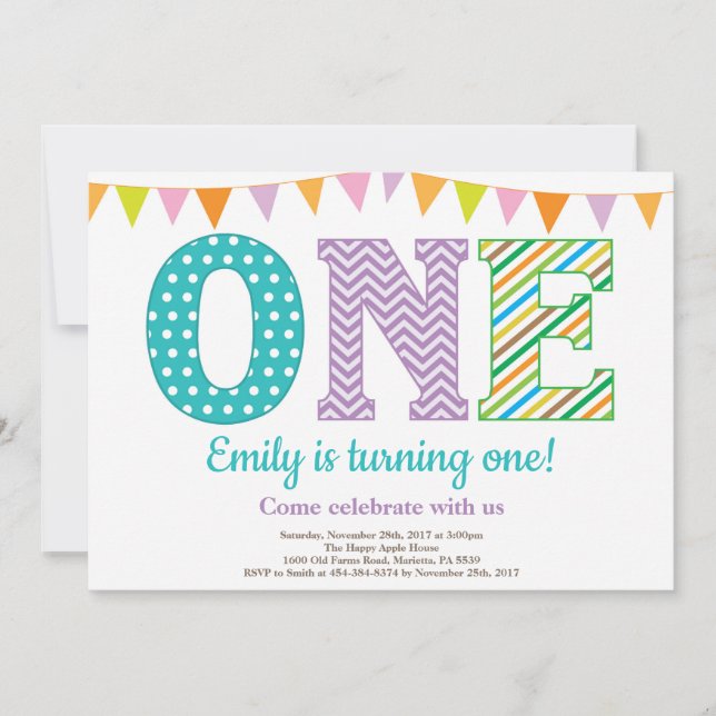 Invitation 1er Anniversaire Invitation. Fille premier anniver (Devant)