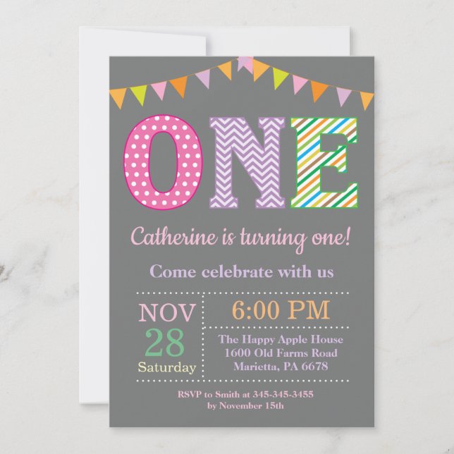 Invitation 1er Anniversaire Invitation. Fille premier anniver (Devant)