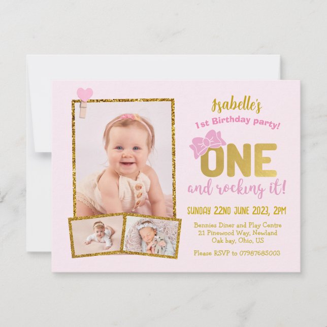 Invitation 1er anniversaire Invitation, filles roses premier  (Devant)
