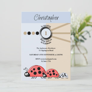 Invitation 1er anniversaire ladybugs fête bleu brun célébrer