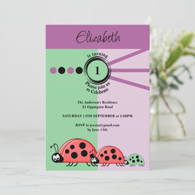 Invitation 1er anniversaire ladybugs vert violet fête (Debout devant)