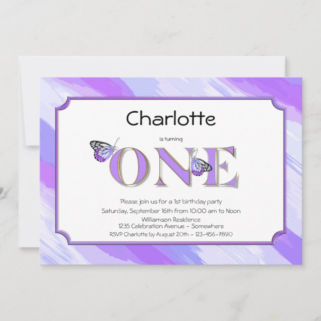 Invitation 1er Anniversaire Lavande et or avec des rayures (Devant)