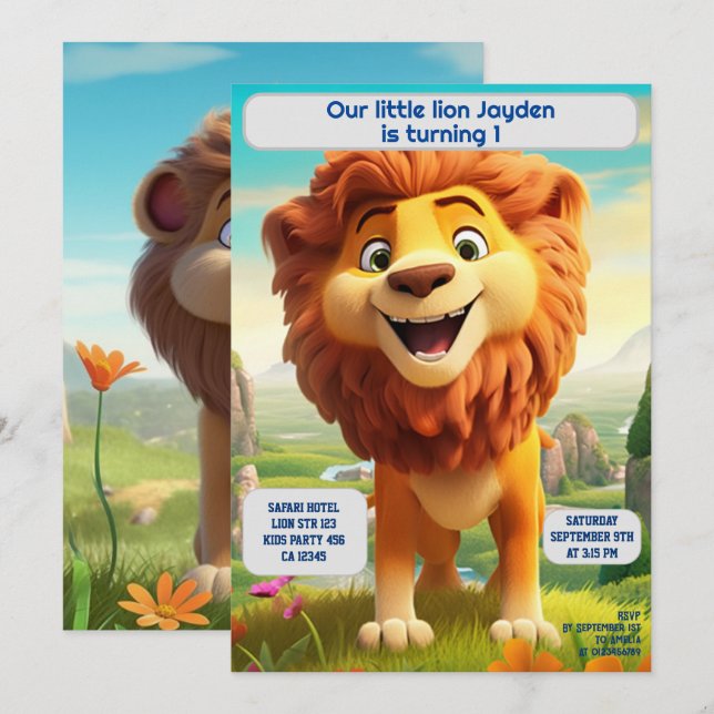 Invitation 1er Anniversaire Lion Nom personnalisé Âge Enfants (Devant / Derrière)