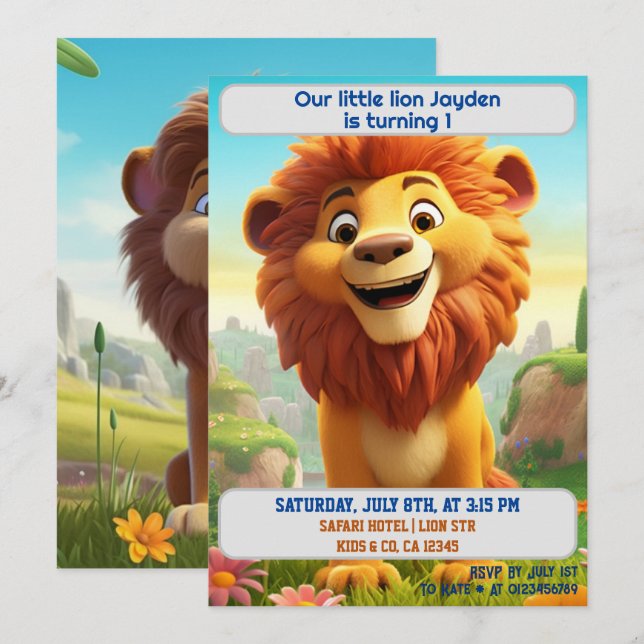 Invitation 1er Anniversaire Lion Nom personnalisé Âge Enfants (Devant / Derrière)