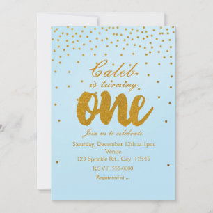Invitation 1er anniversaire Lumière Bleu & Or Confetti Invita