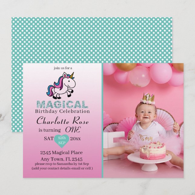 Invitation 1er Anniversaire Magique Unicorne Girly Blush Pink (Devant / Derrière)