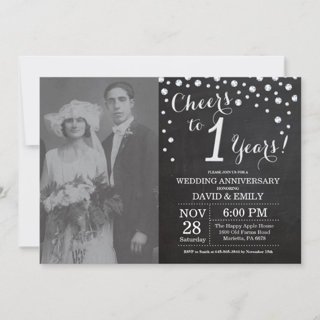 Invitation 1er anniversaire Mariage Chalkboard Black Silver (Devant)