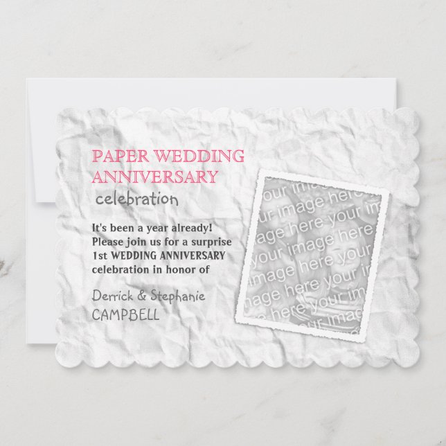 Invitation 1er anniversaire Mariage de papier crédité (Devant)