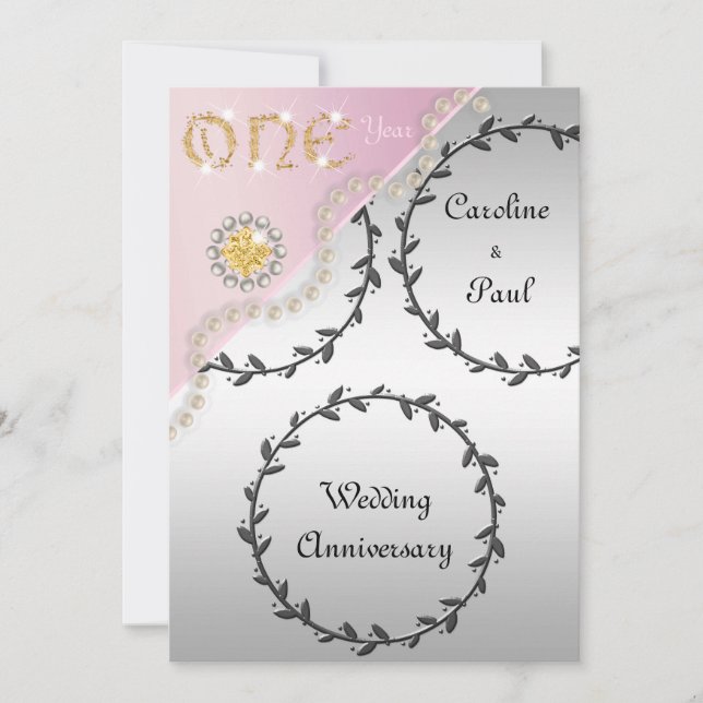 Invitation 1er Anniversaire Mariage Embossé Argent Rose Or (Devant)