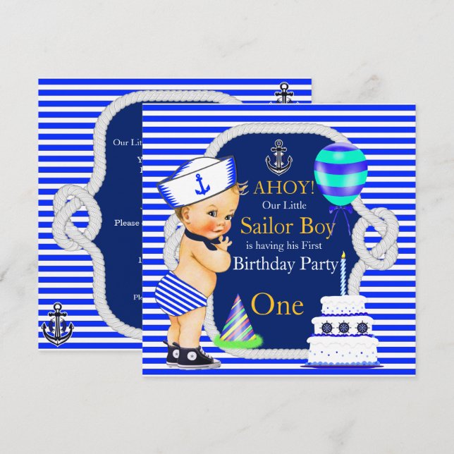 Invitation 1er Anniversaire marin Boy Navy Blue Stripe Blonde (Devant / Derrière)