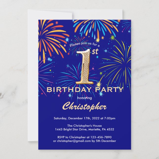 Invitation 1er anniversaire Marine Blue and Gold Rainbow Fire (Devant)