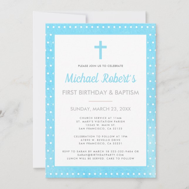 Invitation 1er Anniversaire moderne Baptême garçon bleu Polka (Devant)
