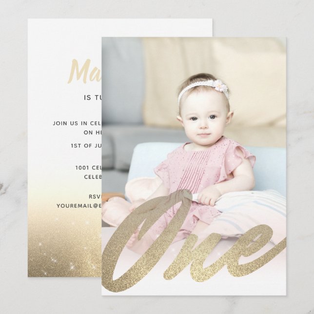 Invitation 1er anniversaire moderne Parties scintillant d'or  (Devant / Derrière)
