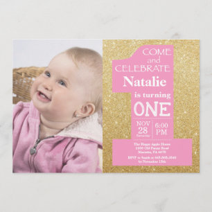 Invitation 1er anniversaire Parties scintillant d'or et photo